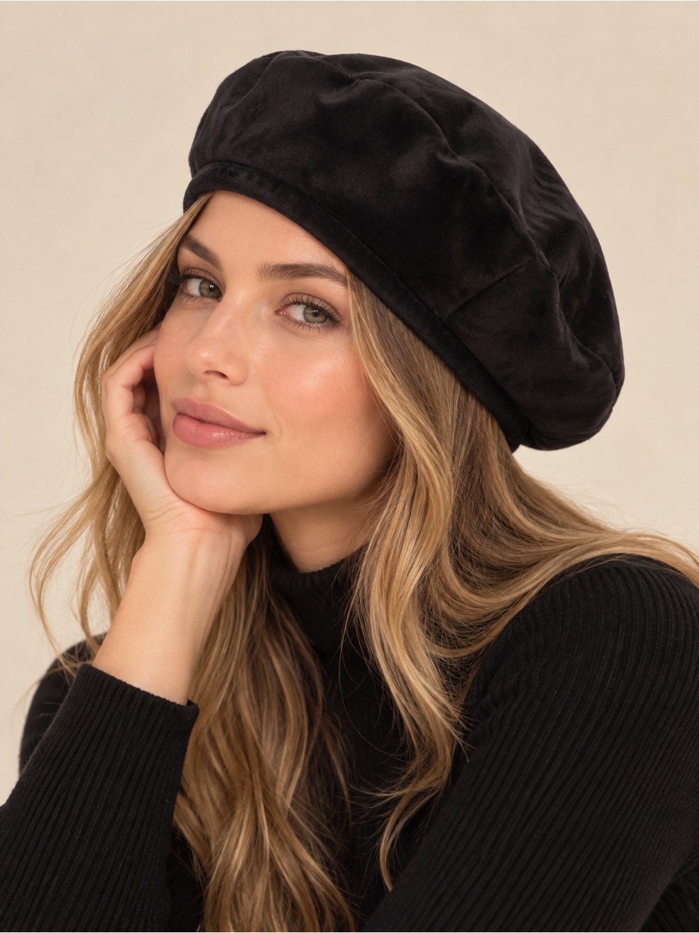 ZARA Black Velvet Beret Hat Soft Classic French Style S/M